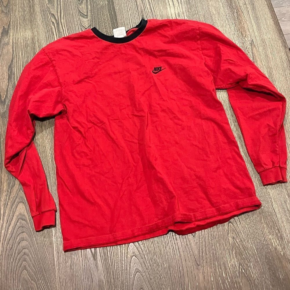 Nike Long Sleeve Tee Crew Neck Embroidered Logo Cotton Pullover Red Black Large